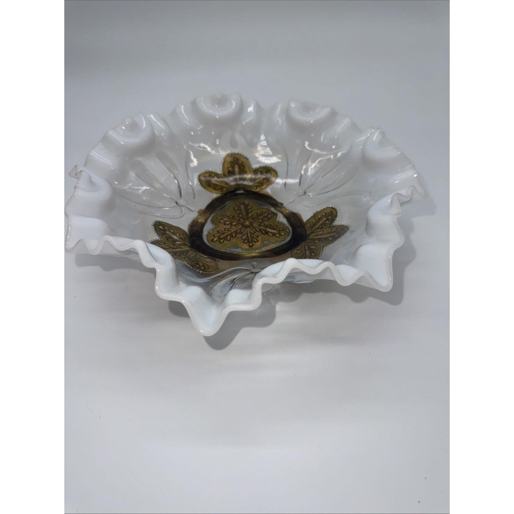 Northwood Dugan Glass Opalescent Crimped‎ Ruffle Footed & Goofus Gold Glass Bowl